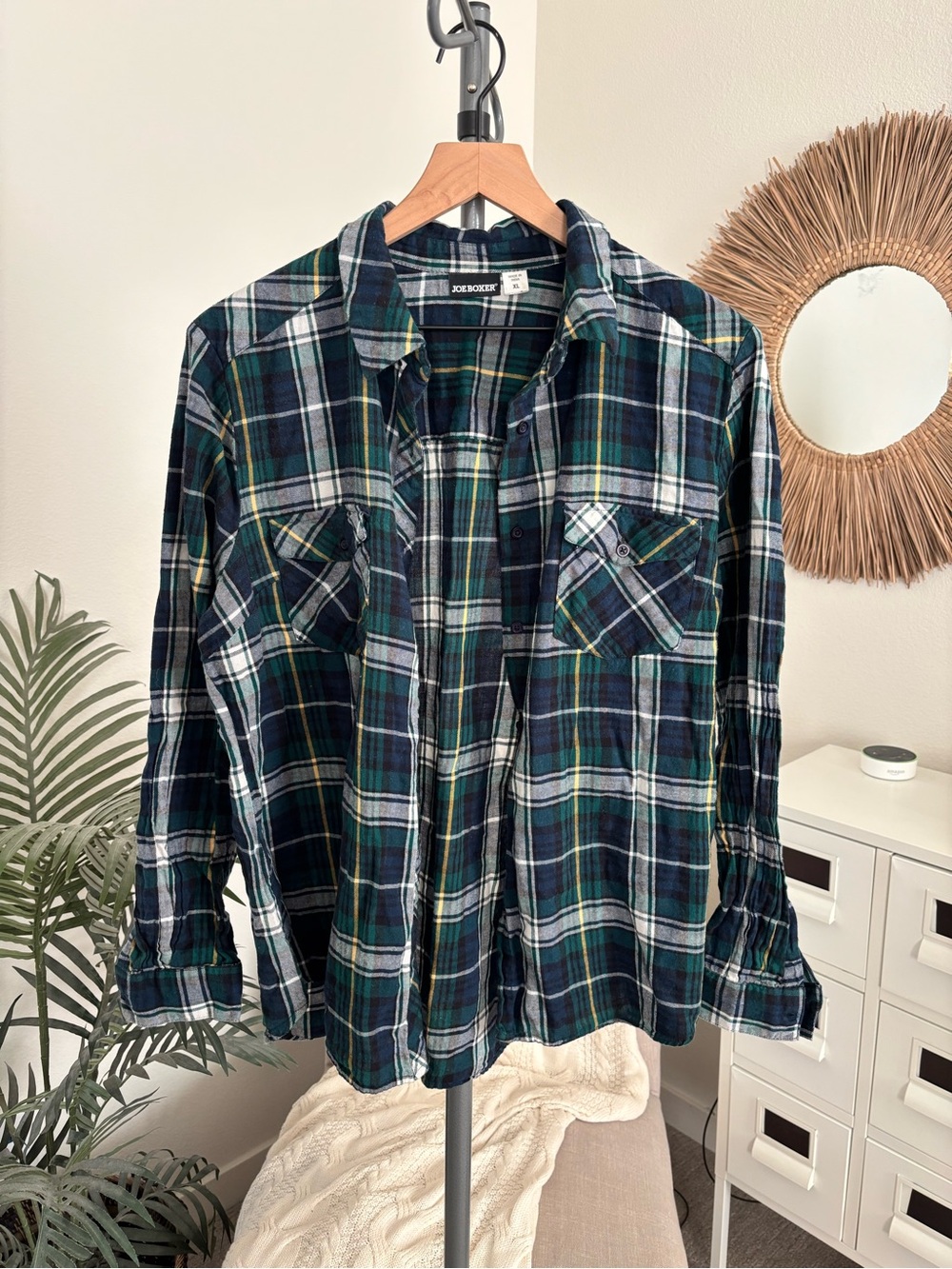 🪴$5/25🪴 Joe Boxer Green Plaid Cotton Flannel Button Down Shirt Top XL